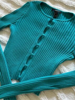 forever 21 large rib knit torquoise blue long sleeve top / size small